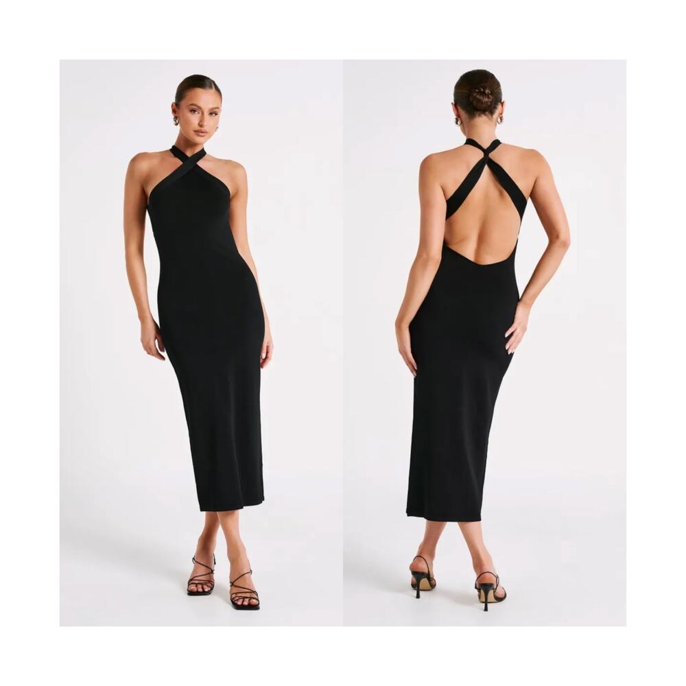 Meshki Sarai Halter Neck Knit‎ Midi Dress Black Open Back Bodycon NWT XXS
